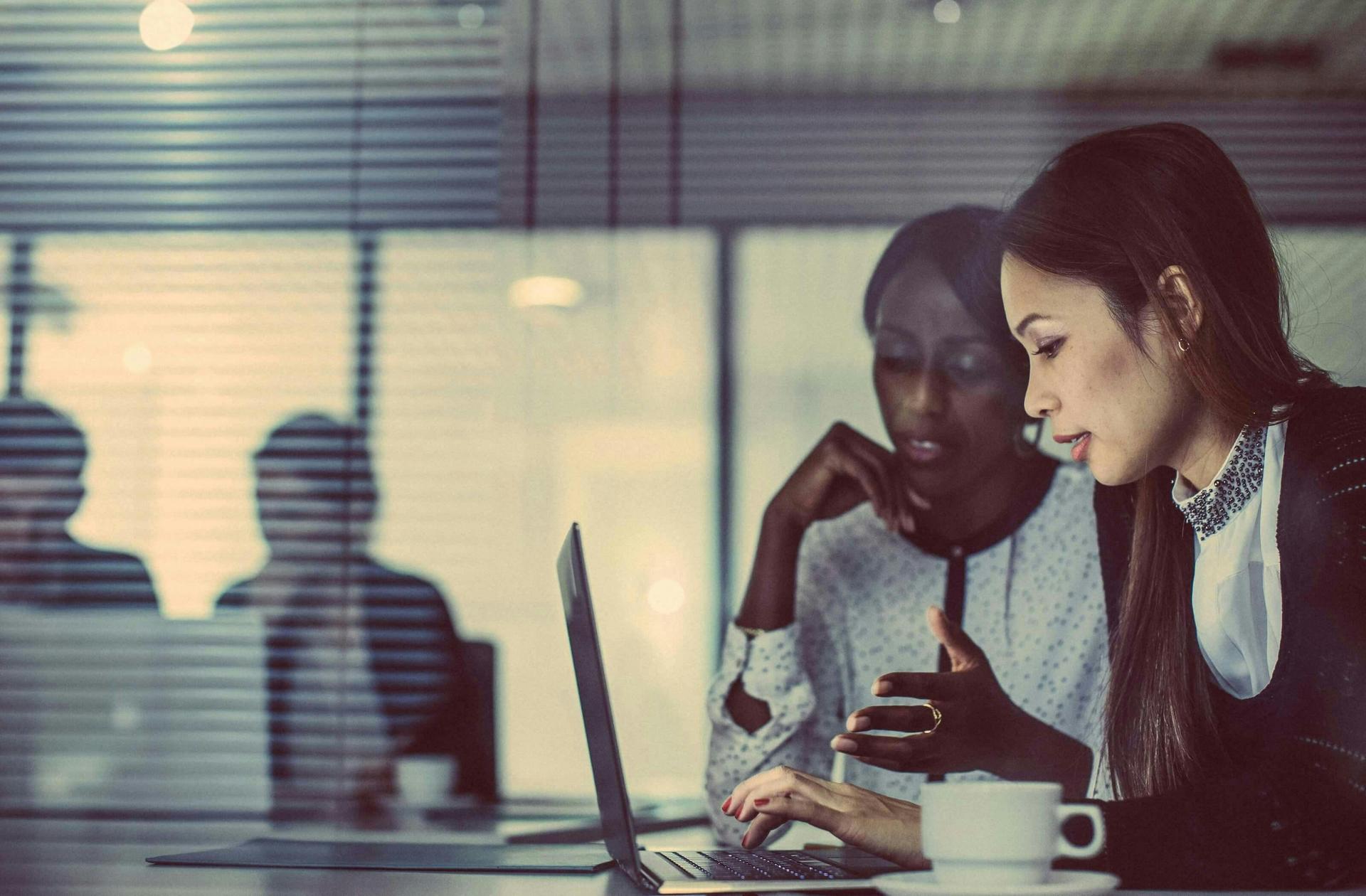 Two businesswomen sharing a laptop to discuss a project